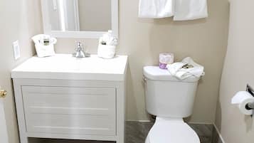 Combined shower/tub, free toiletries, towels