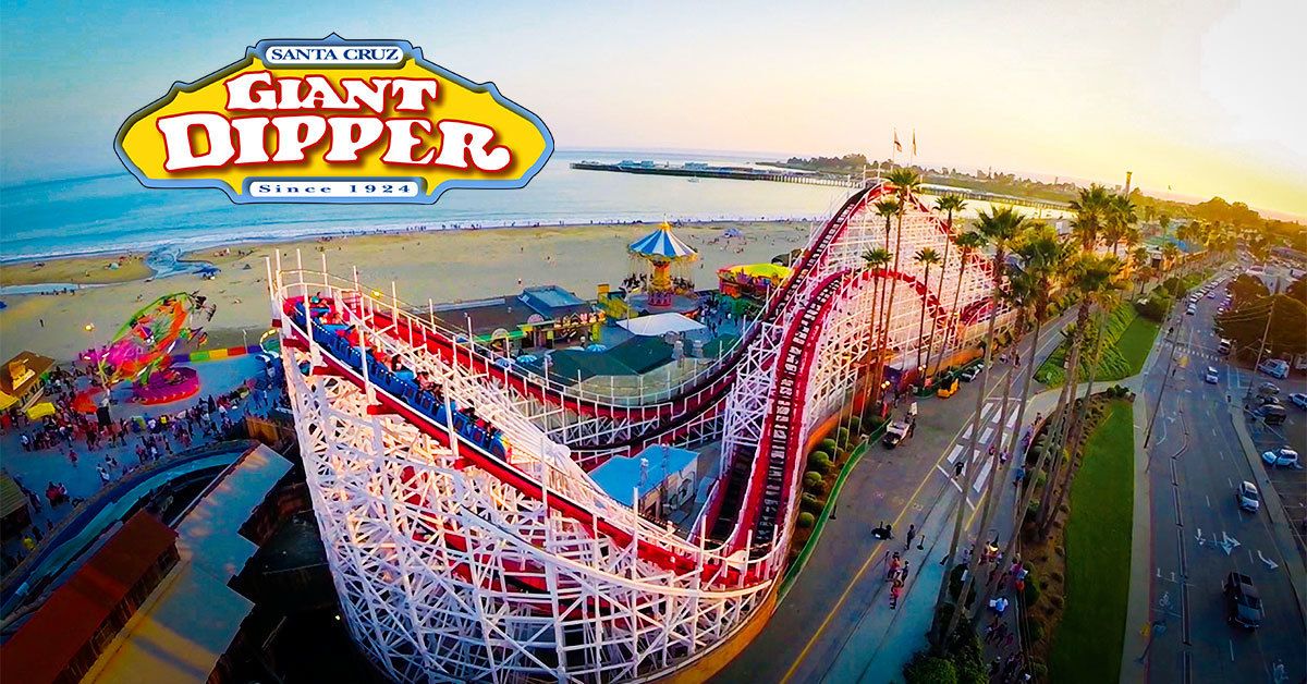 A roller coaster at Santa Cruz Giant Dipper with a coastal backdrop.