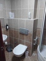 Uma casa de banho com sanita, lavatório e chuveiro.