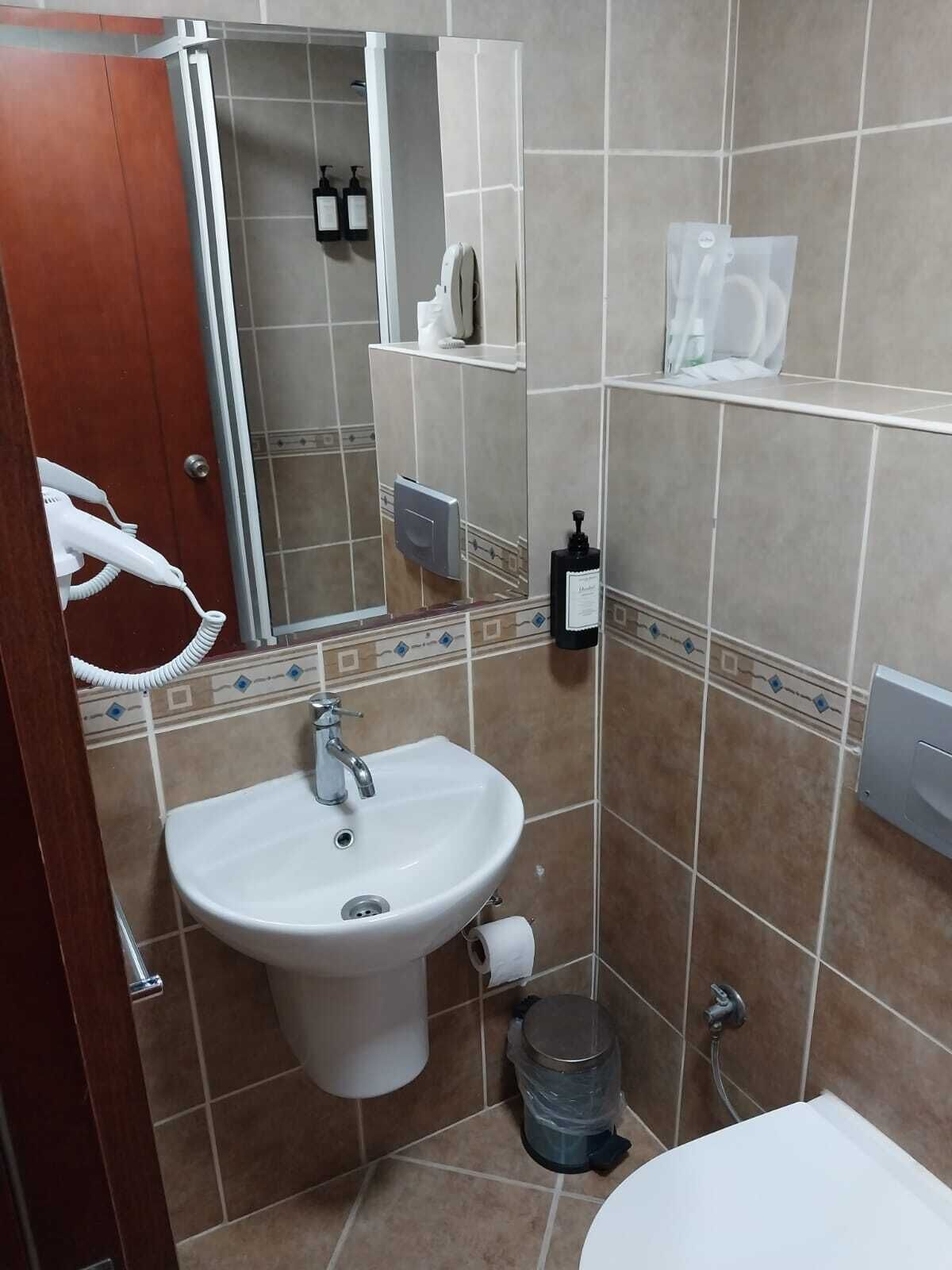Un bagno con lavandino, WC e doccia. È presente un asciugacapelli a parete, un cestino e uno scaffale con articoli da toilette.