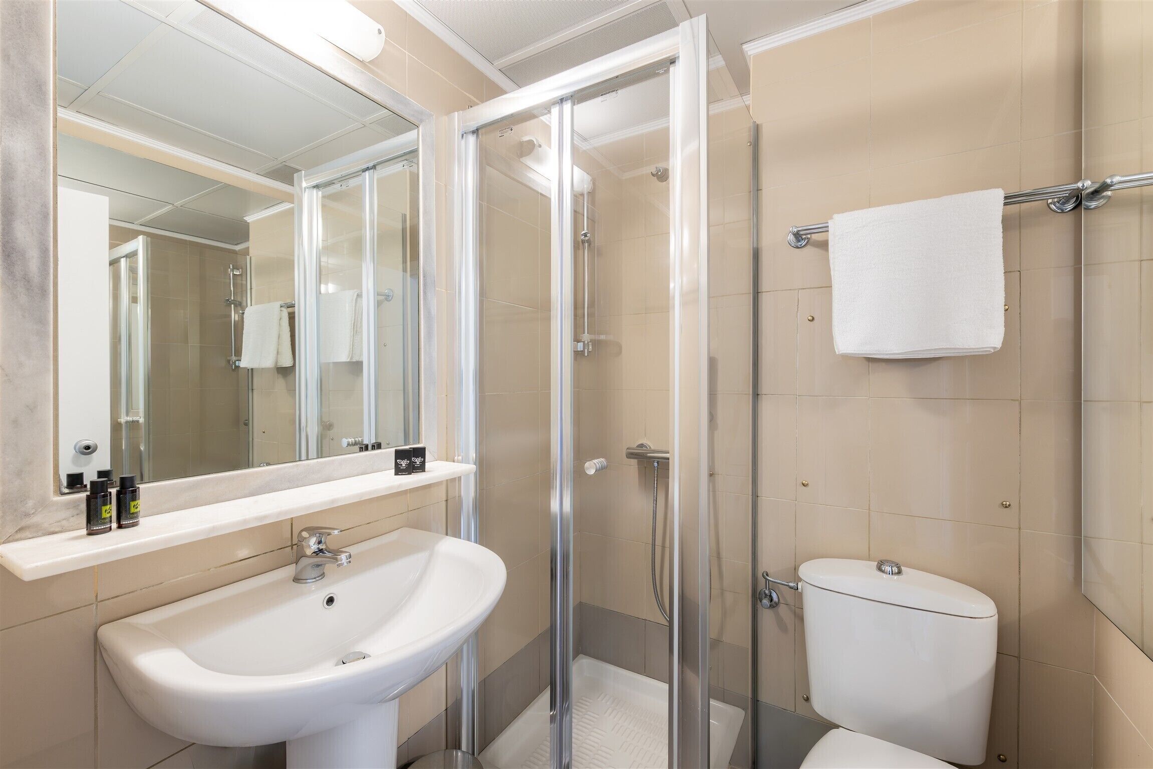 A bathroom with a glass-enclosed shower, a white sink, and a toilet.