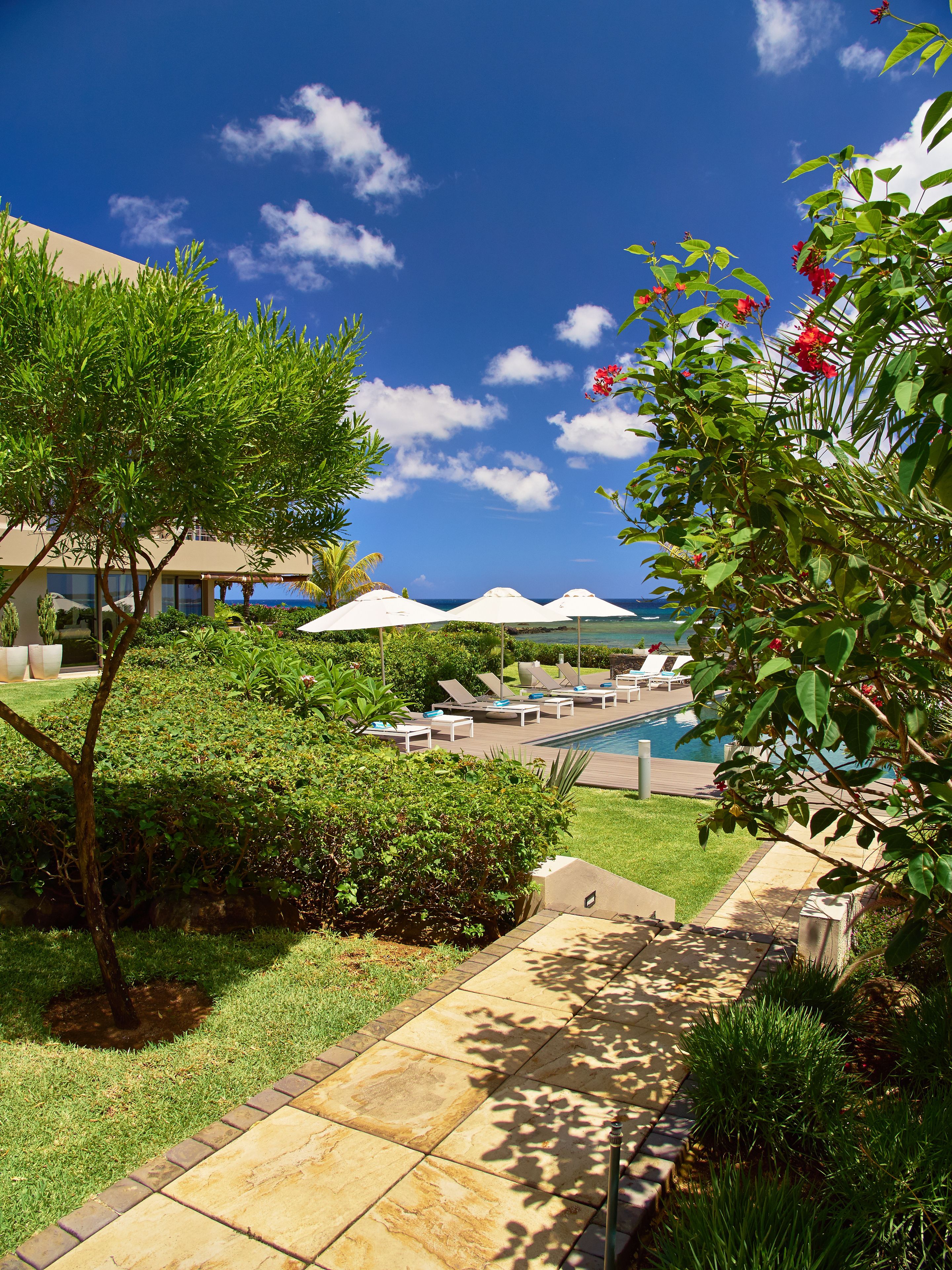 A pool area with lounge chairs and umbrellas, surrounded by greenery and a clear sky.