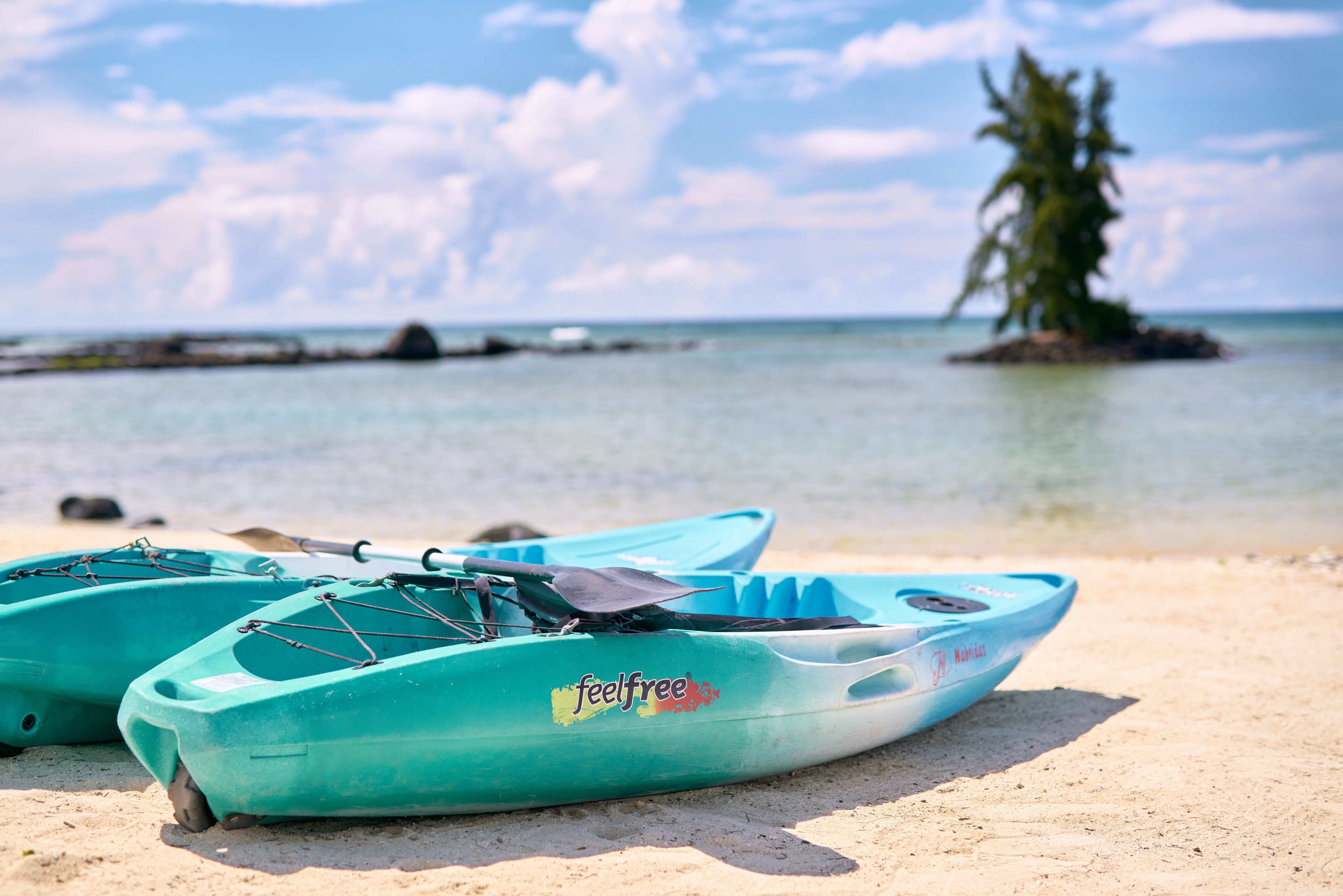 Two turquoise kayaks with 'feelfree' branding on a sandy beach with calm water and a small island in the background.