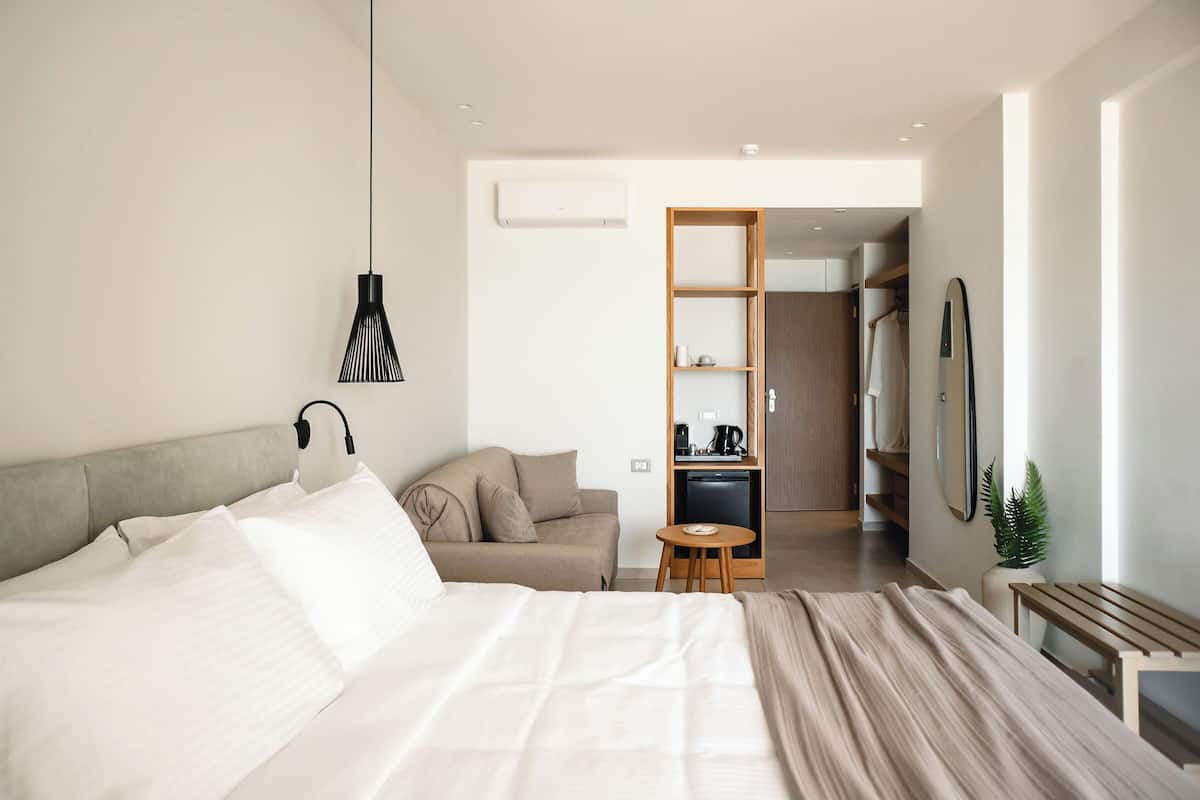 Una habitación de hotel moderna con una cama grande, un sofá, una mesita y un escritorio con una computadora. Hay un armario, un espejo y una planta.