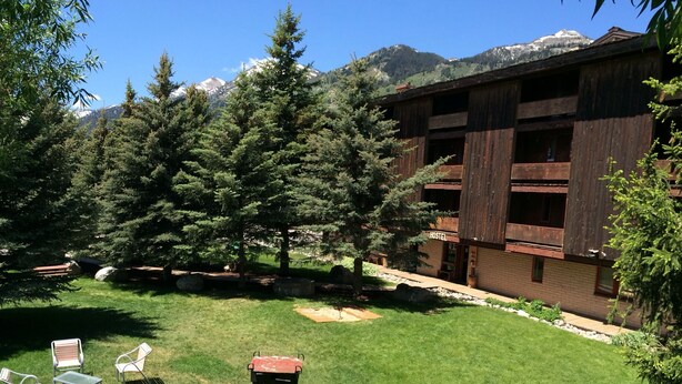 A hostel with a wooden exterior, surrounded by a grassy courtyard with trees and a mountain backdrop. - The Hostel (Teton Village)