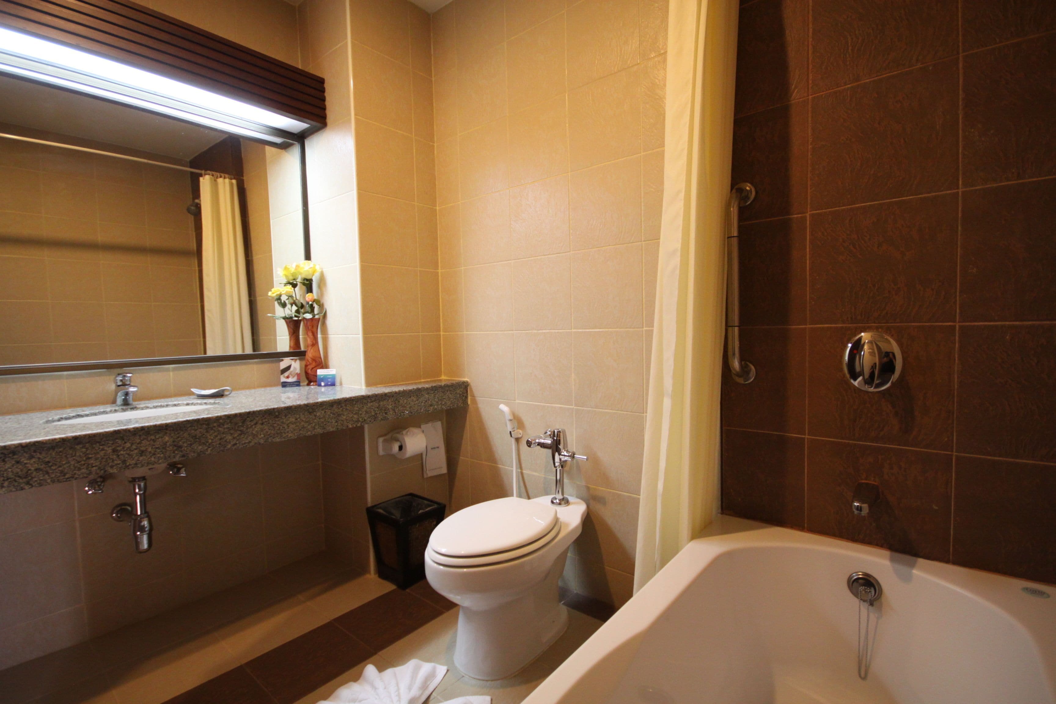 combined shower/bathtub, deep-soaking bathtub, free toiletries