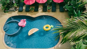 Outdoor pool, open 8 AM to 10 PM, pool umbrellas, sun loungers