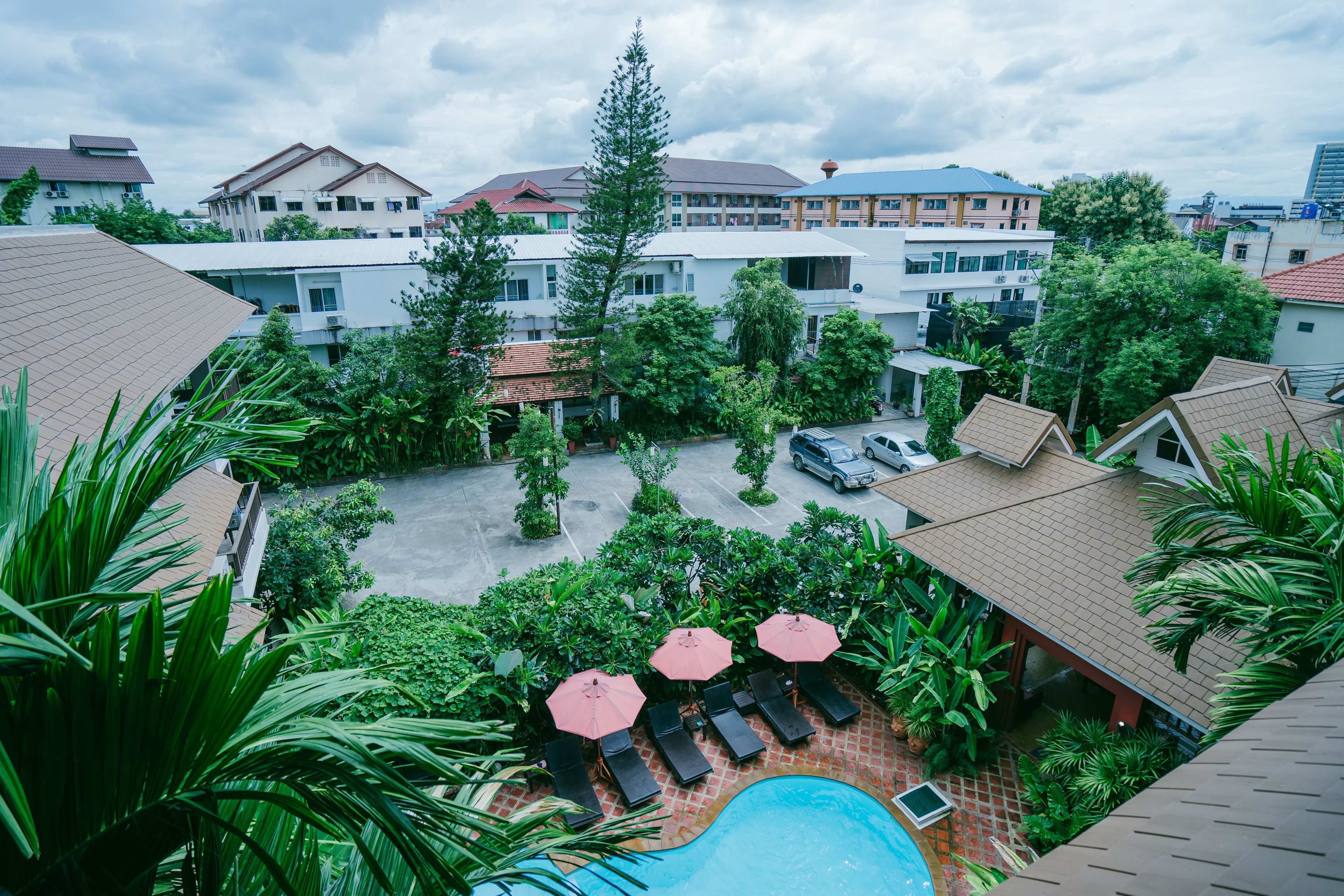 A rooftop pool area with lounge chairs and umbrellas, surrounded by greenery and buildings.