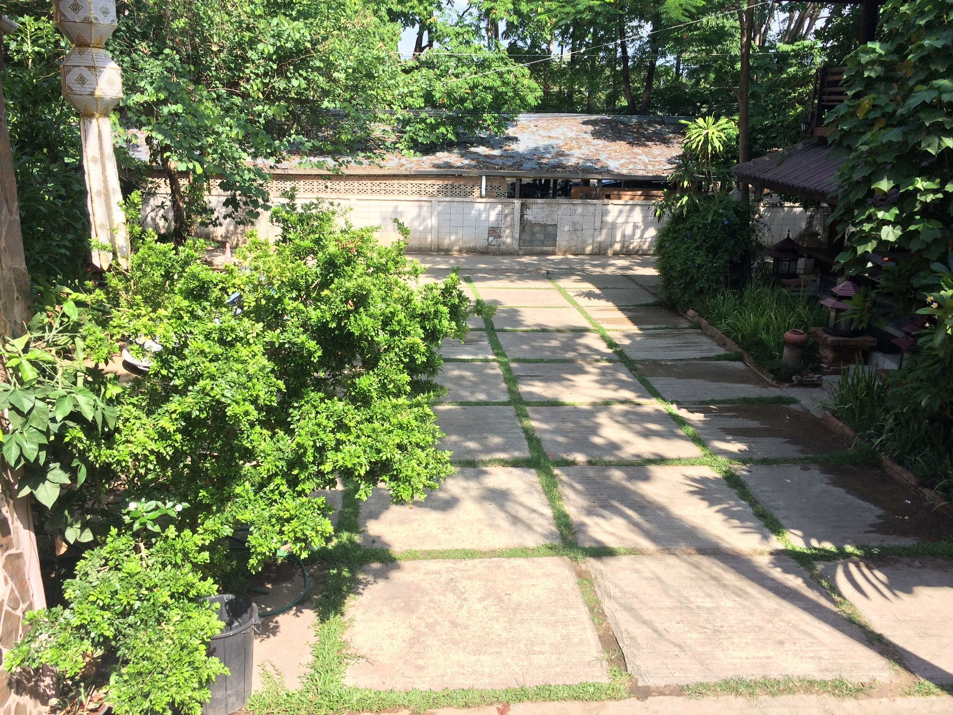 Un patio con un sendero de piedra, rodeado de abundante vegetación y un edificio tradicional al fondo.