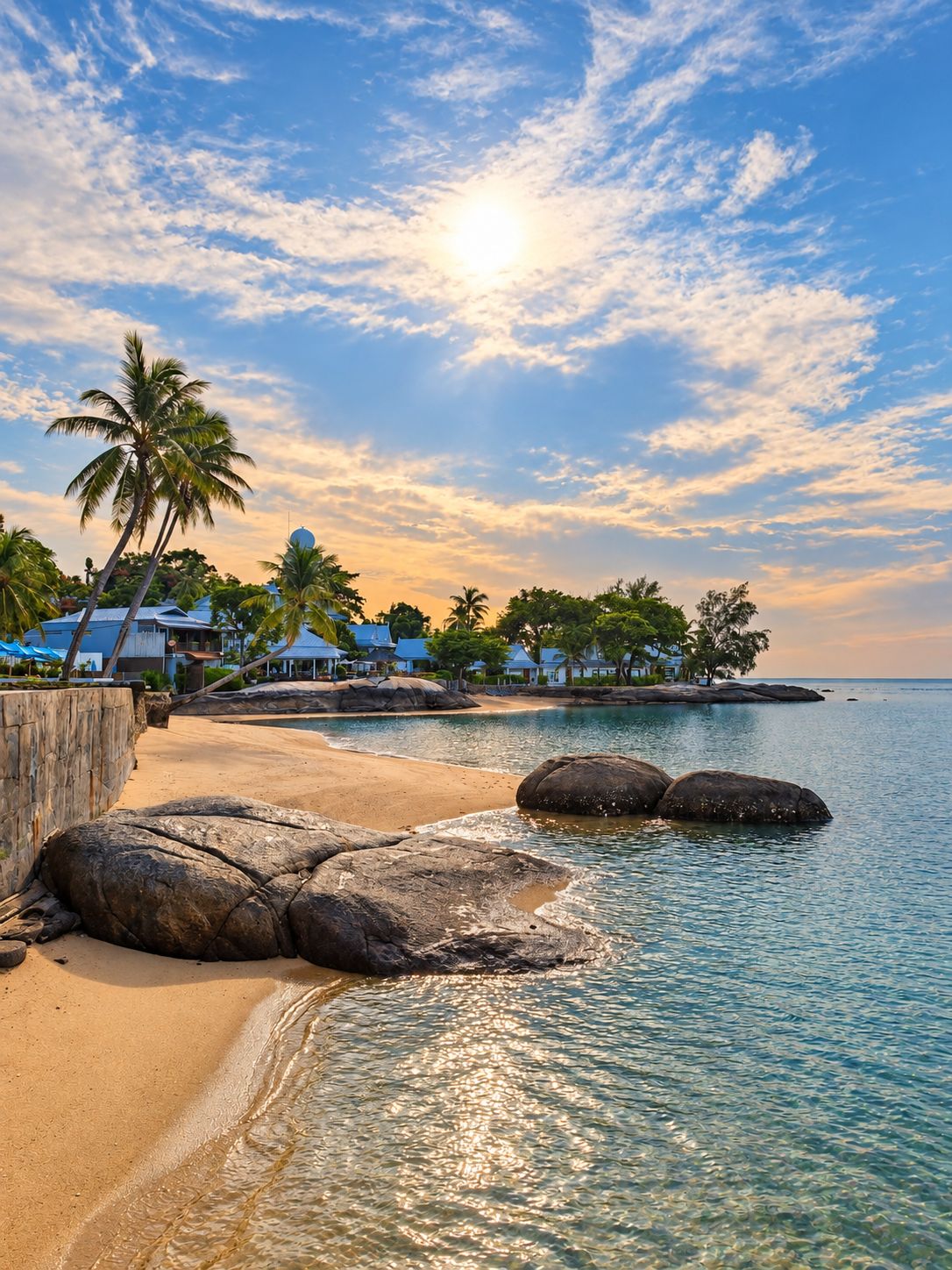 A beach with clear water, large rocks, and palm trees.