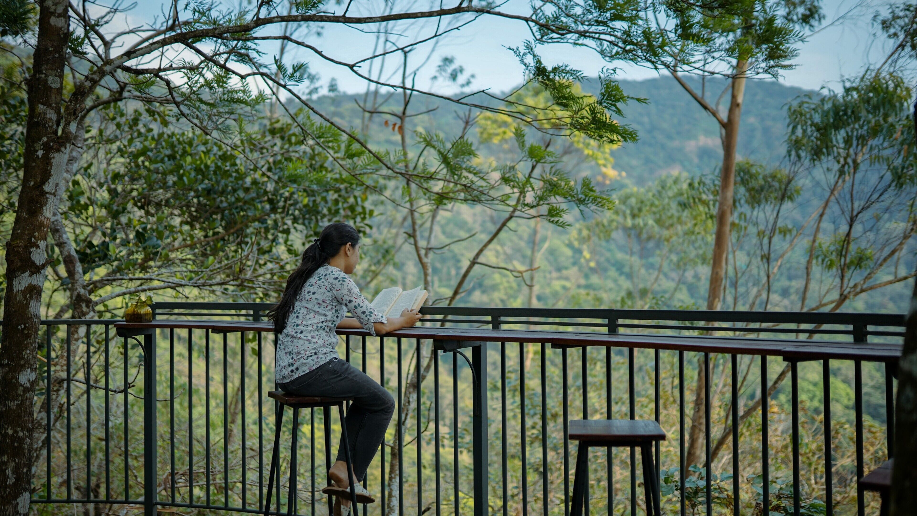 Uma pessoa sentada num banco lendo um livro, com um guarda-corpo e árvores ao fundo.