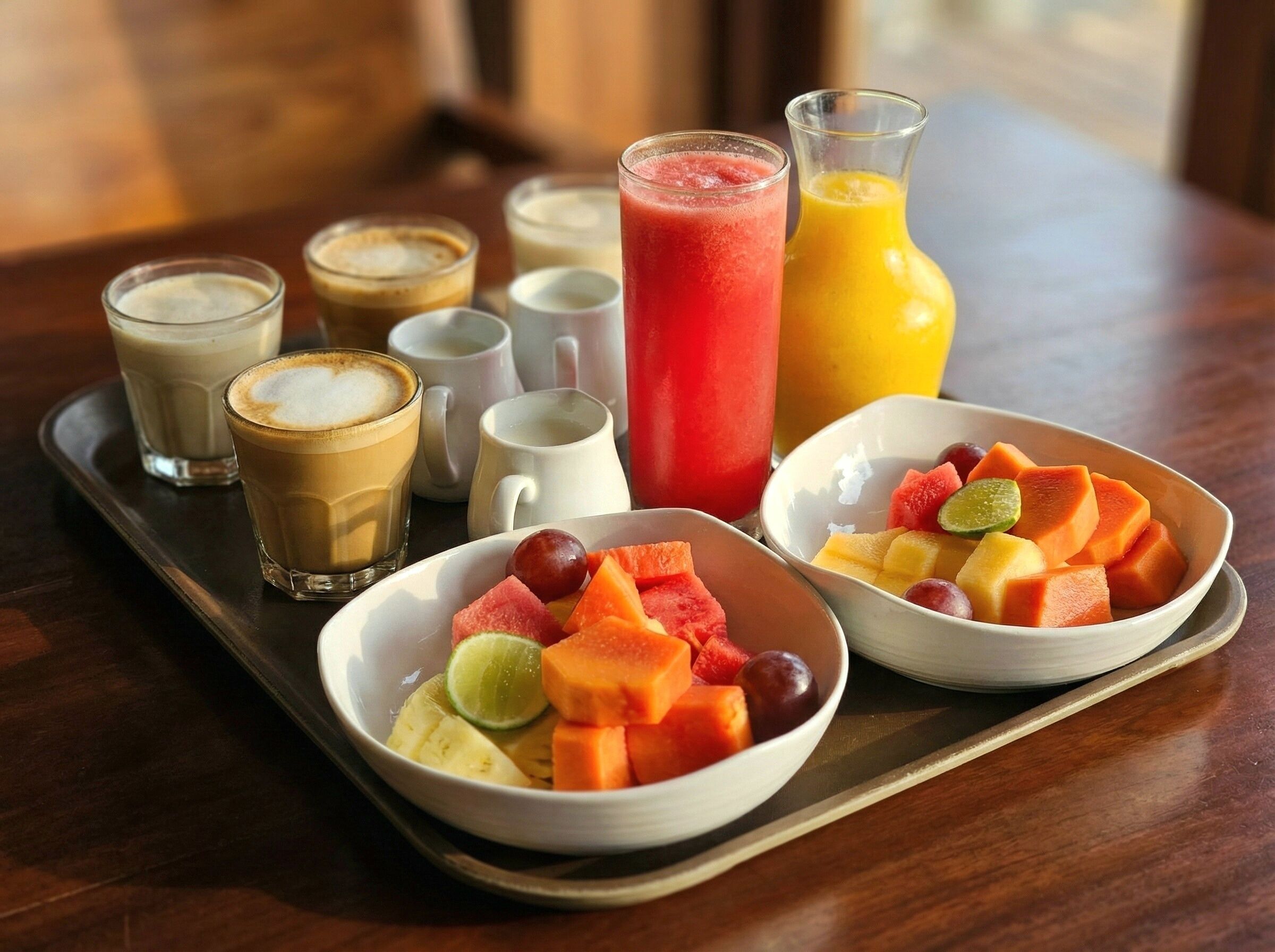 A breakfast tray with coffee, juice, and fruit.