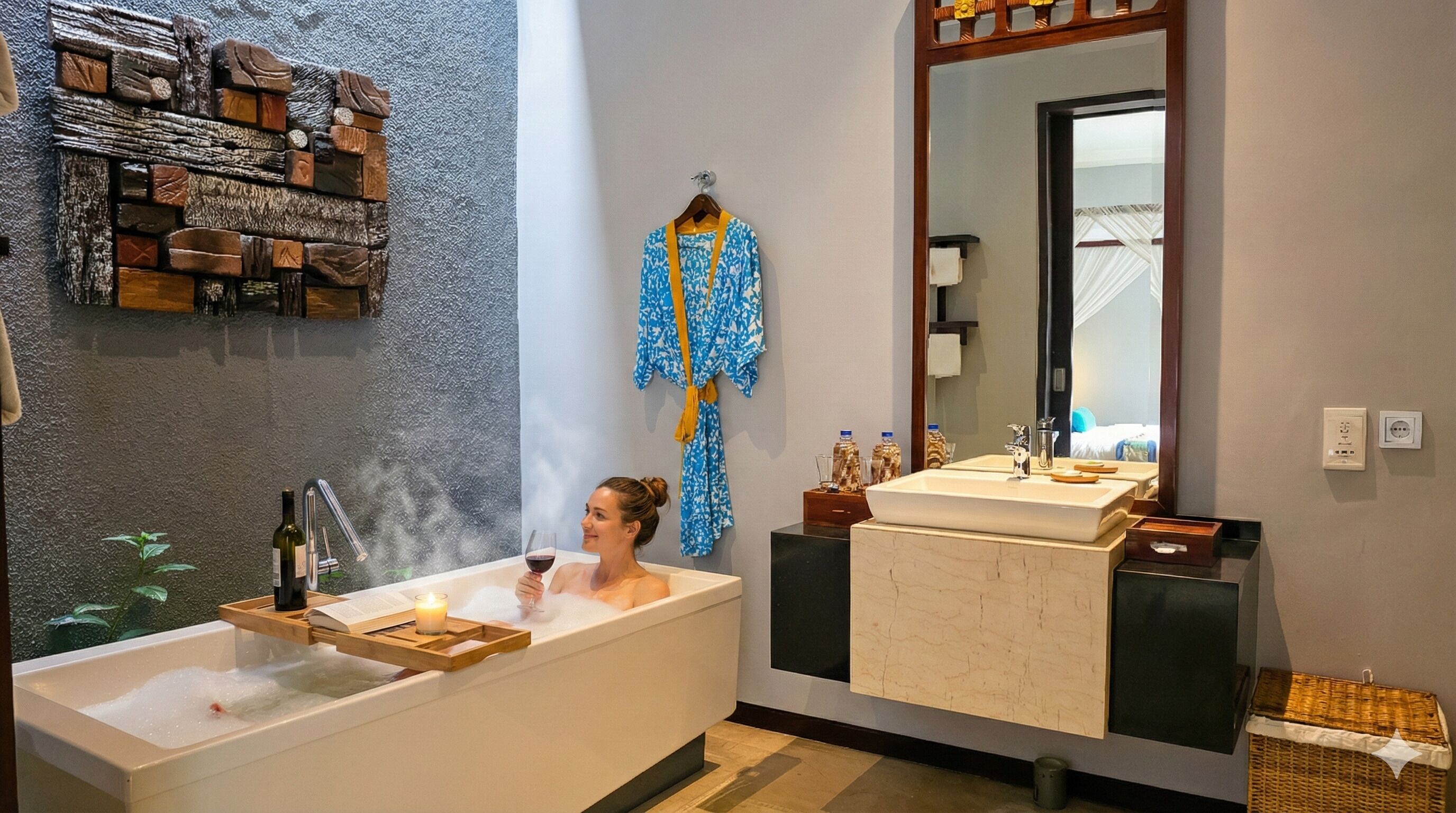 A modern bathroom with a bathtub, a large mirror, and a stone wall decoration.