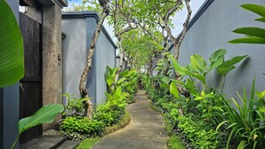 Um caminho de concreto estreito, ladeado por vegetação exuberante e paredes cinzentas, conduz à entrada de um edifício.