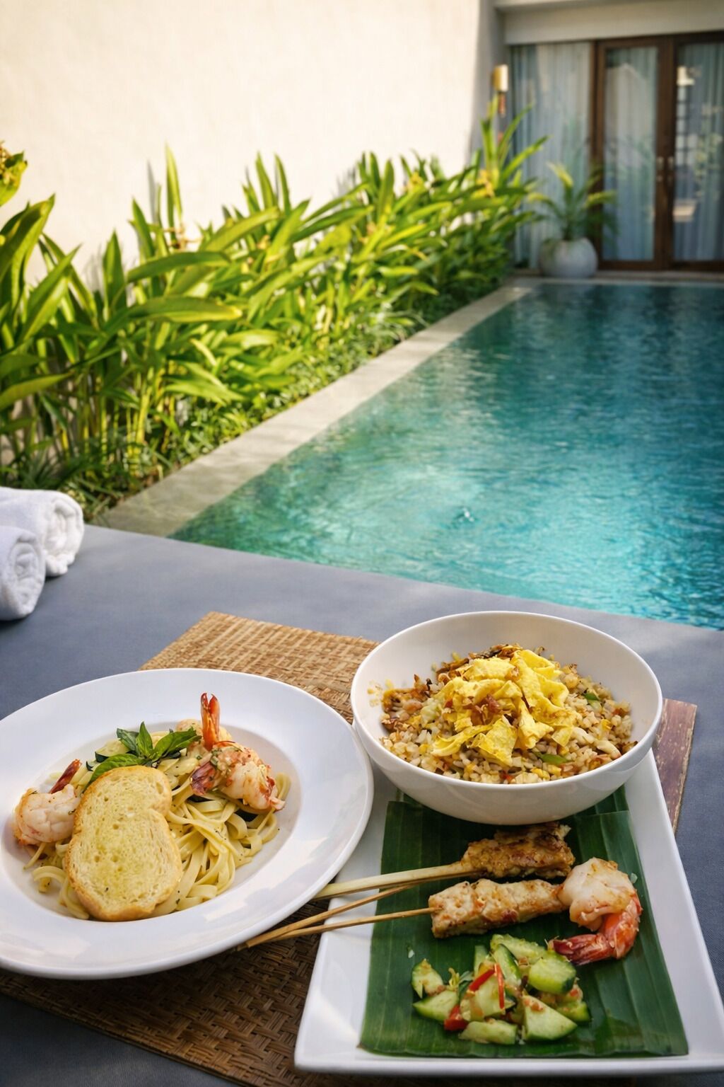 A dining table with two plates of food, a bowl of fried rice, and a plate of shrimp and vegetables, set against a poolside view.