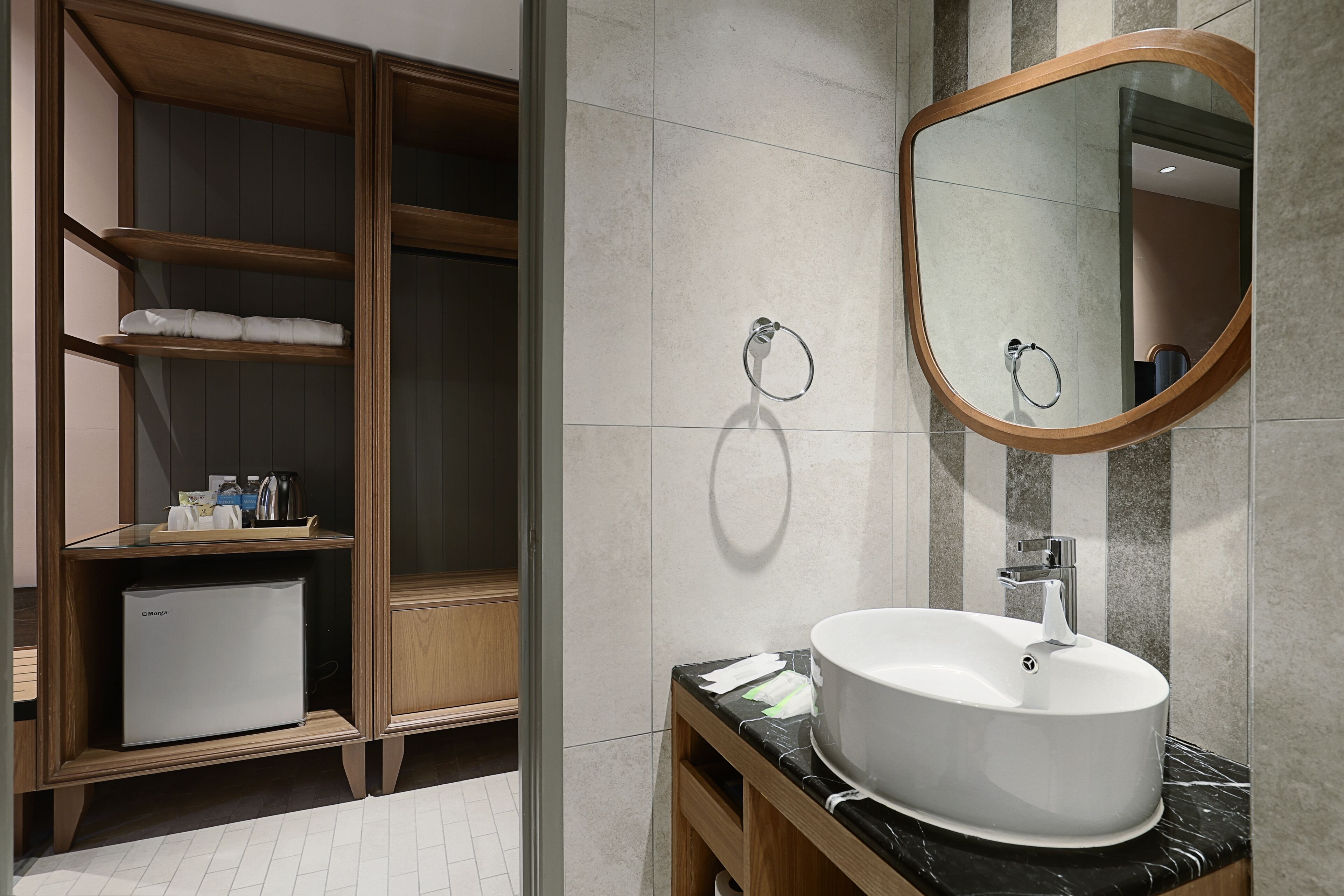 boutique king | bathroom | shower, hair dryer, bathrobes, slippers