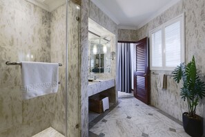 Jesselton Suite | Bathroom | Shower, hair dryer, bathrobes, slippers