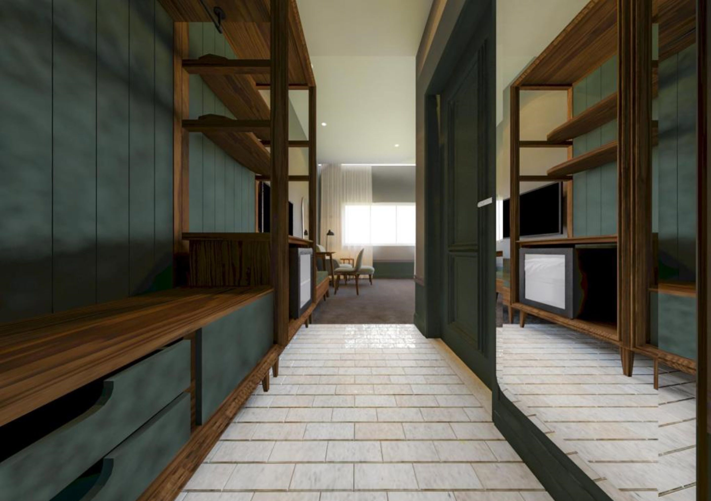 Een gang met houten kasten en een betegelde vloer, die leidt naar een kamer met een raam en een stoel.