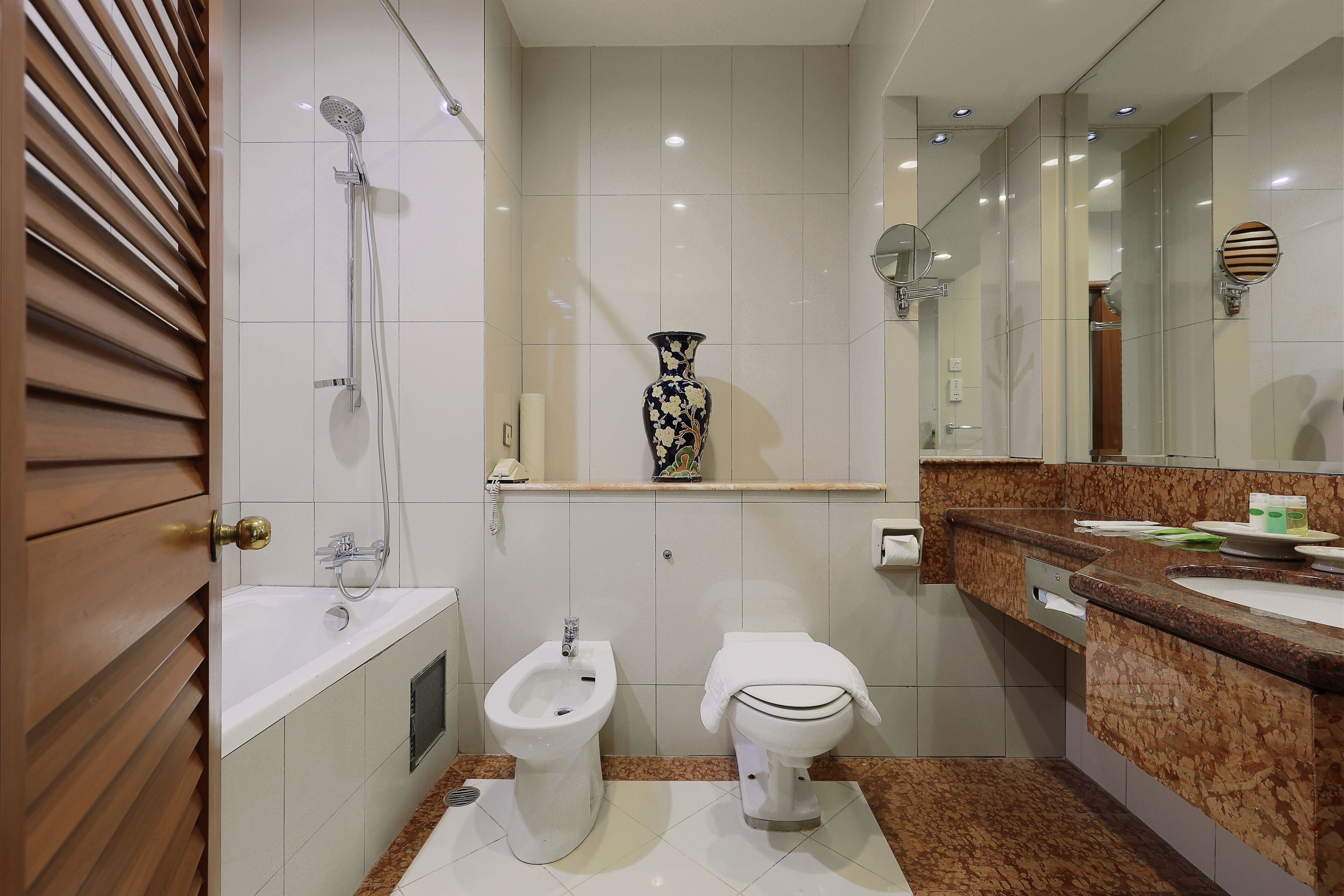 deluxe twin | bathroom | shower, hair dryer, bathrobes, slippers