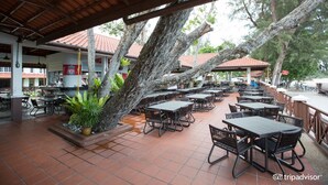 Une terrasse extérieure dotée de plusieurs tables et chaises, entourée d’arbres et recouverte d’un toit en bois.
