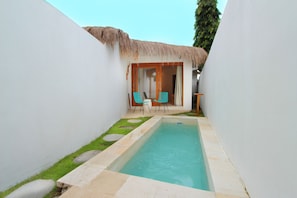 Una piscina al aire libre, sombrillas, tumbonas