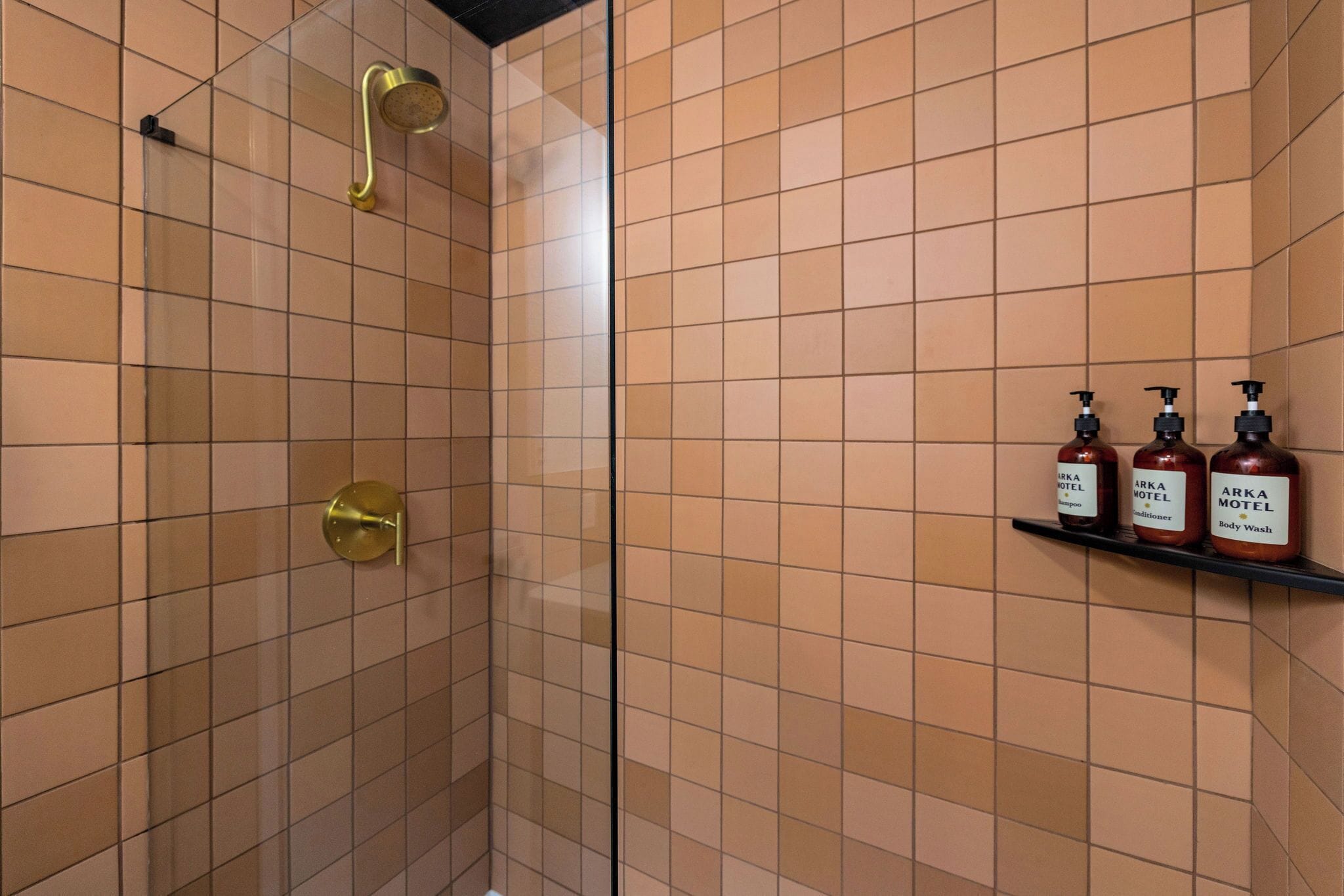 A bathroom with a glass shower enclosure, a gold showerhead, and a shelf with three bottles labeled 'ARKA HOTEL'.