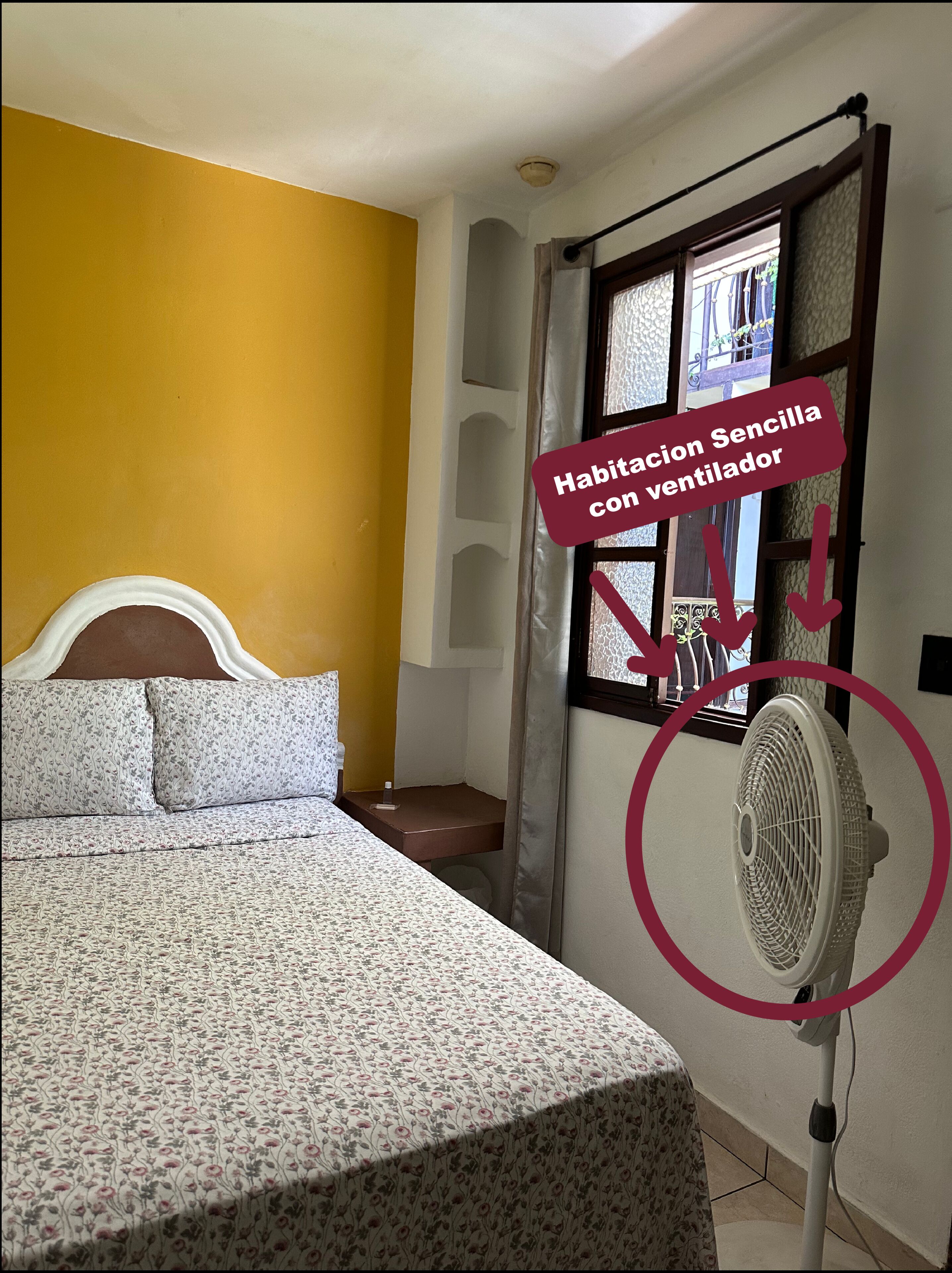 Habitacion Sencilla con Ventilador | Tabla de planchar con plancha, wifi gratis y ropa de cama 