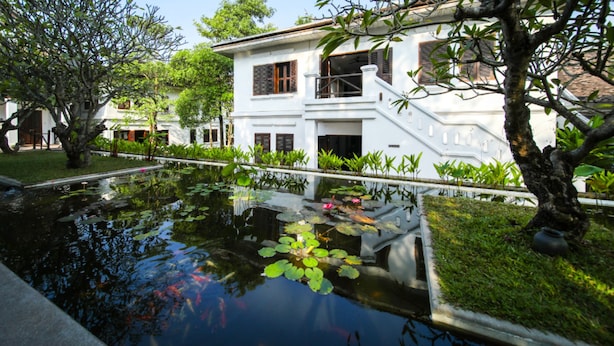 A serene pond with lily pads and koi fish, surrounded by lush greenery and traditional architecture. - Victoria Xiengthong Palace (Luang Prabang)