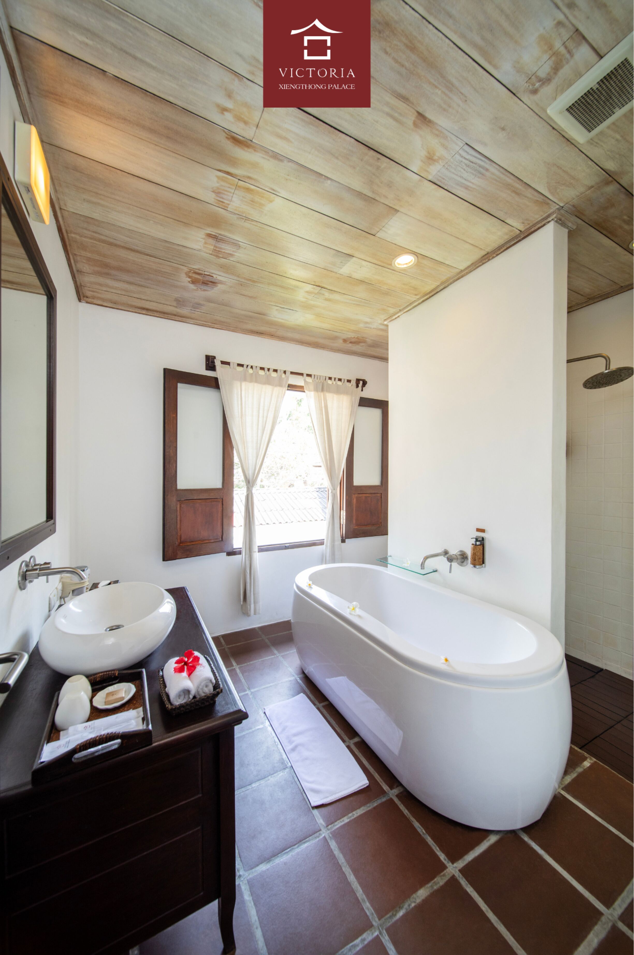 xiengthong villa | bathroom | separate bathtub and shower, deep-soaking bathtub, rainfall showerhead
