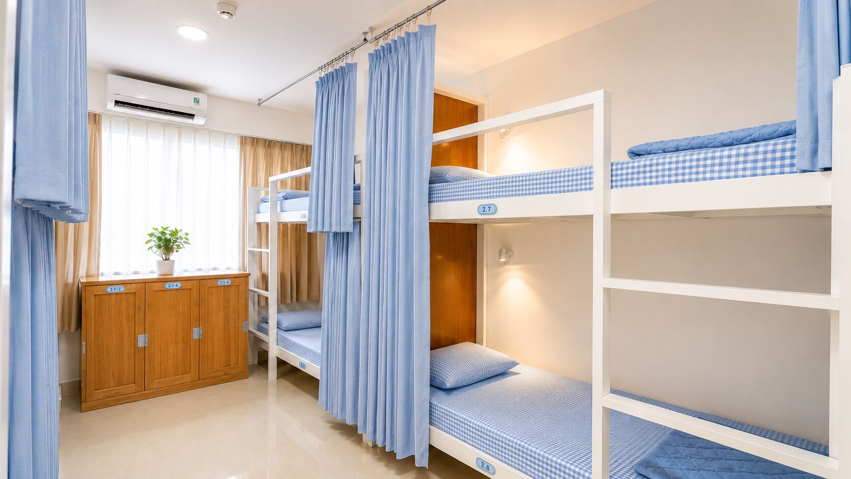 Habitación con literas, un armario de madera, una planta en maceta y una ventana con cortinas.
