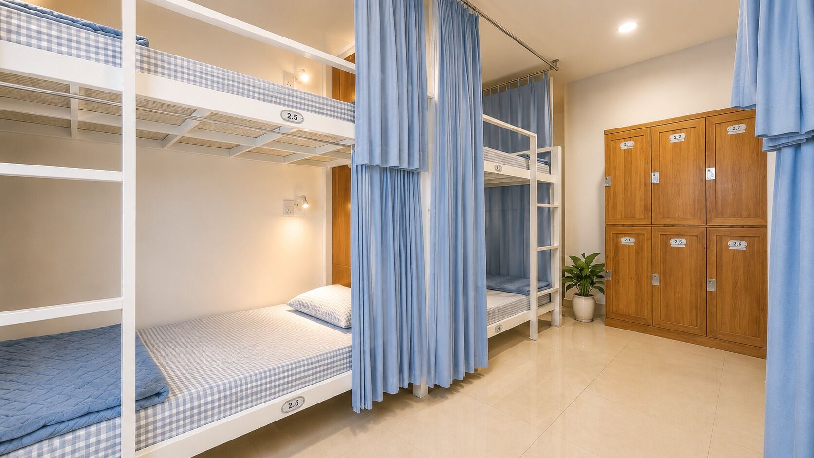 Camera con letto a castello, copriletto a quadri, una pianta in vaso e armadietti in legno.