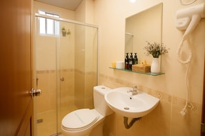 Shower, free toiletries, hair dryer, towels