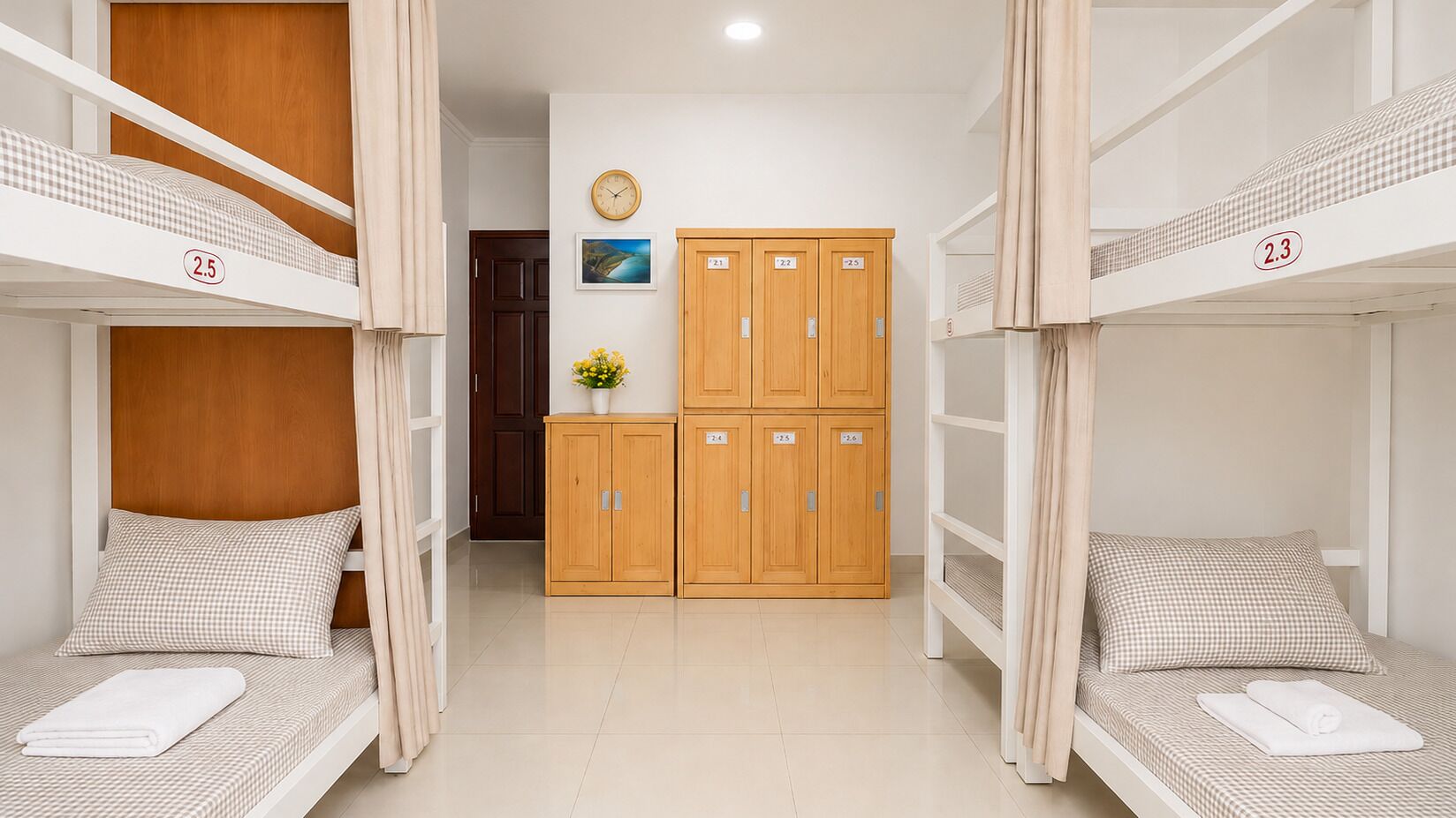A dormitory room with bunk beds, wooden lockers, a clock, and a framed picture on the wall.