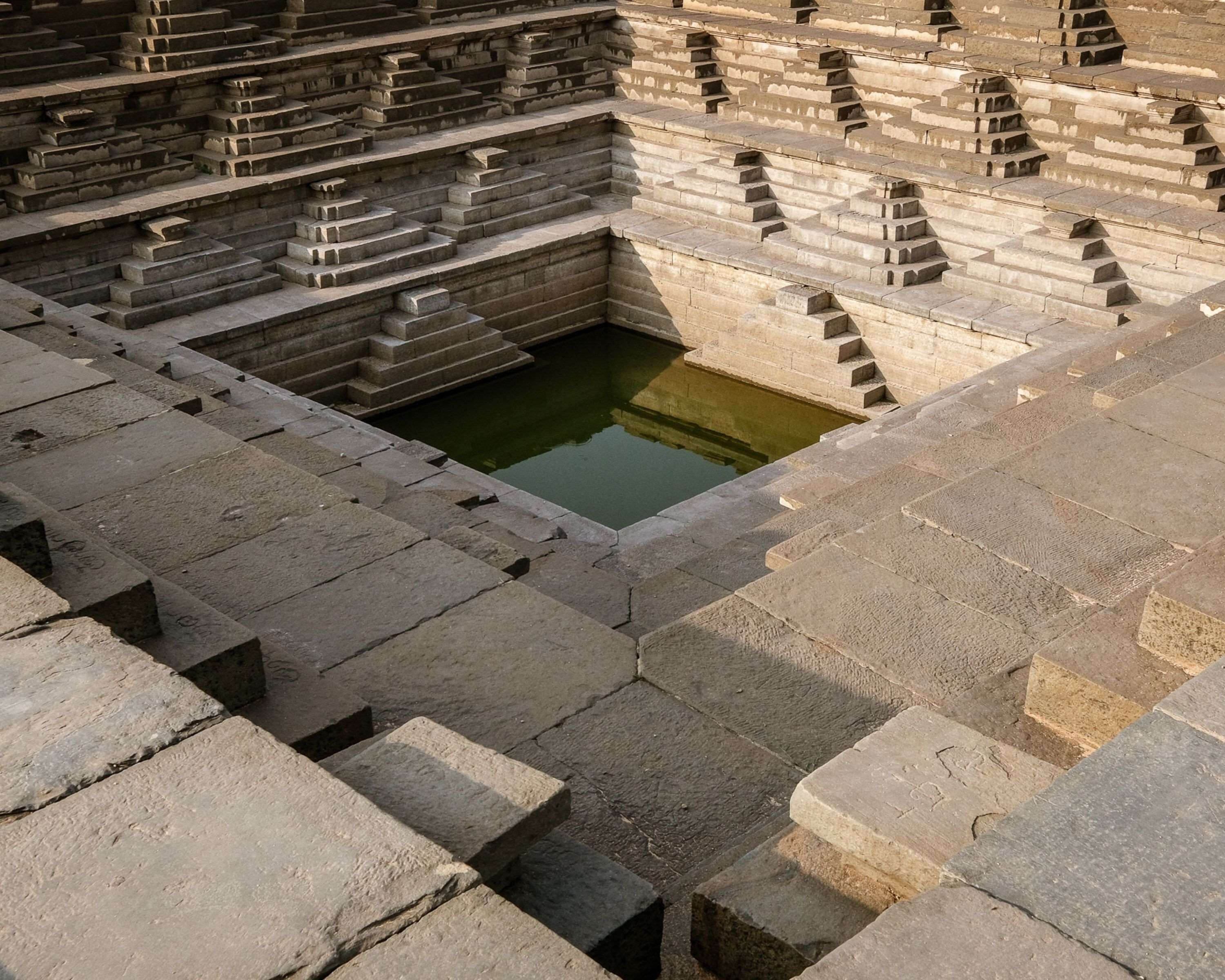 Una serie de escalones de piedra que conducen a un pequeño área con piscina.