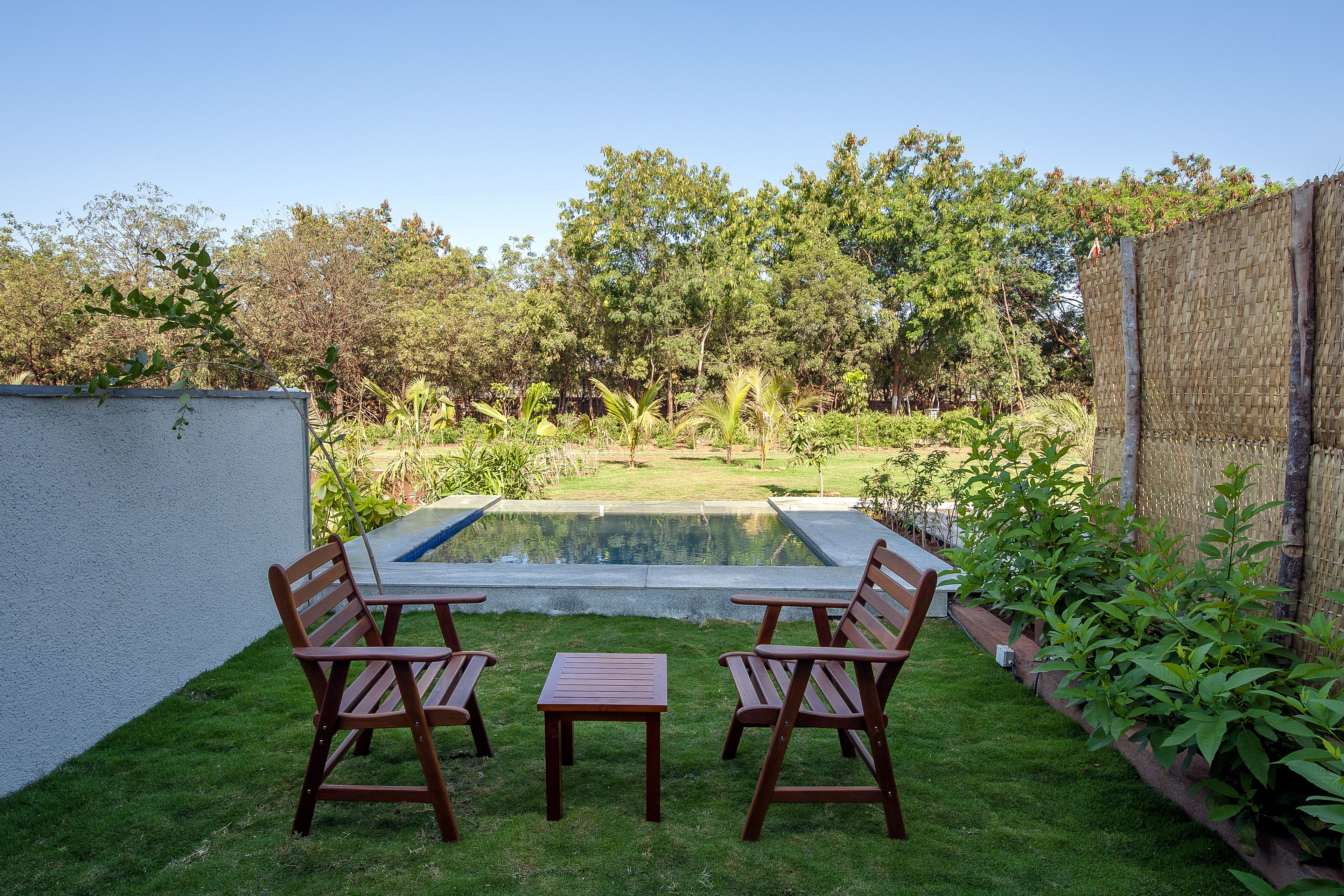 A rectangular pool with a wooden deck, surrounded by a well-maintained lawn and a variety of plants.