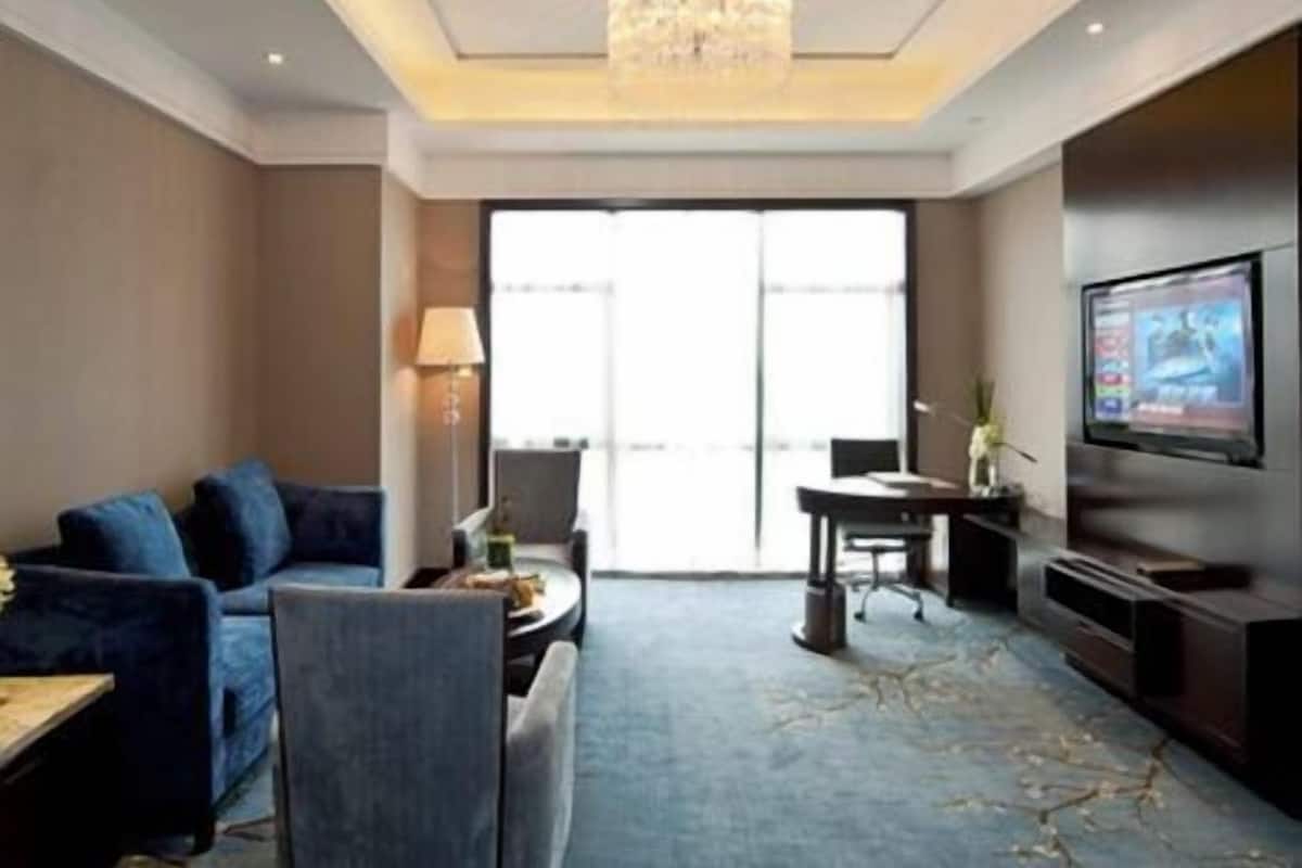 Suite Deluxe, 1 cama King size | Área de sala de estar | Televisión de pantalla plana