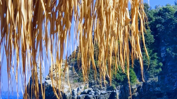 A beach with clear blue water, a rocky outcrop, and a wooden lounge chair. - Aeolos Hotel & Villas -Pelion (Zagora-Mouresi)