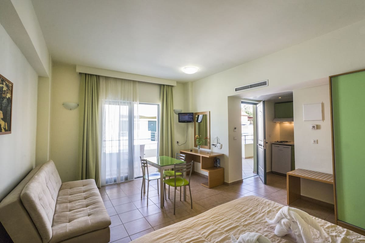 Une chambre d’hôtel comprenant un lit, un canapé, un bureau avec une chaise, une télévision et une kitchenette.