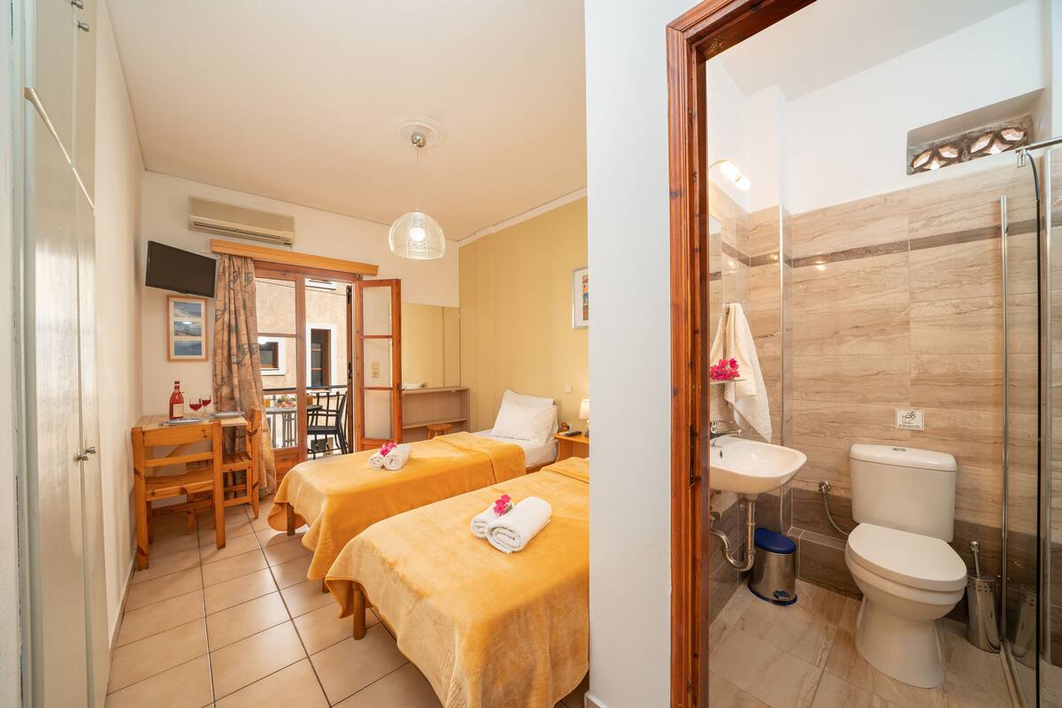 Habitación de hotel con dos camas, un escritorio, una silla, un televisor y un baño con ducha e inodoro.