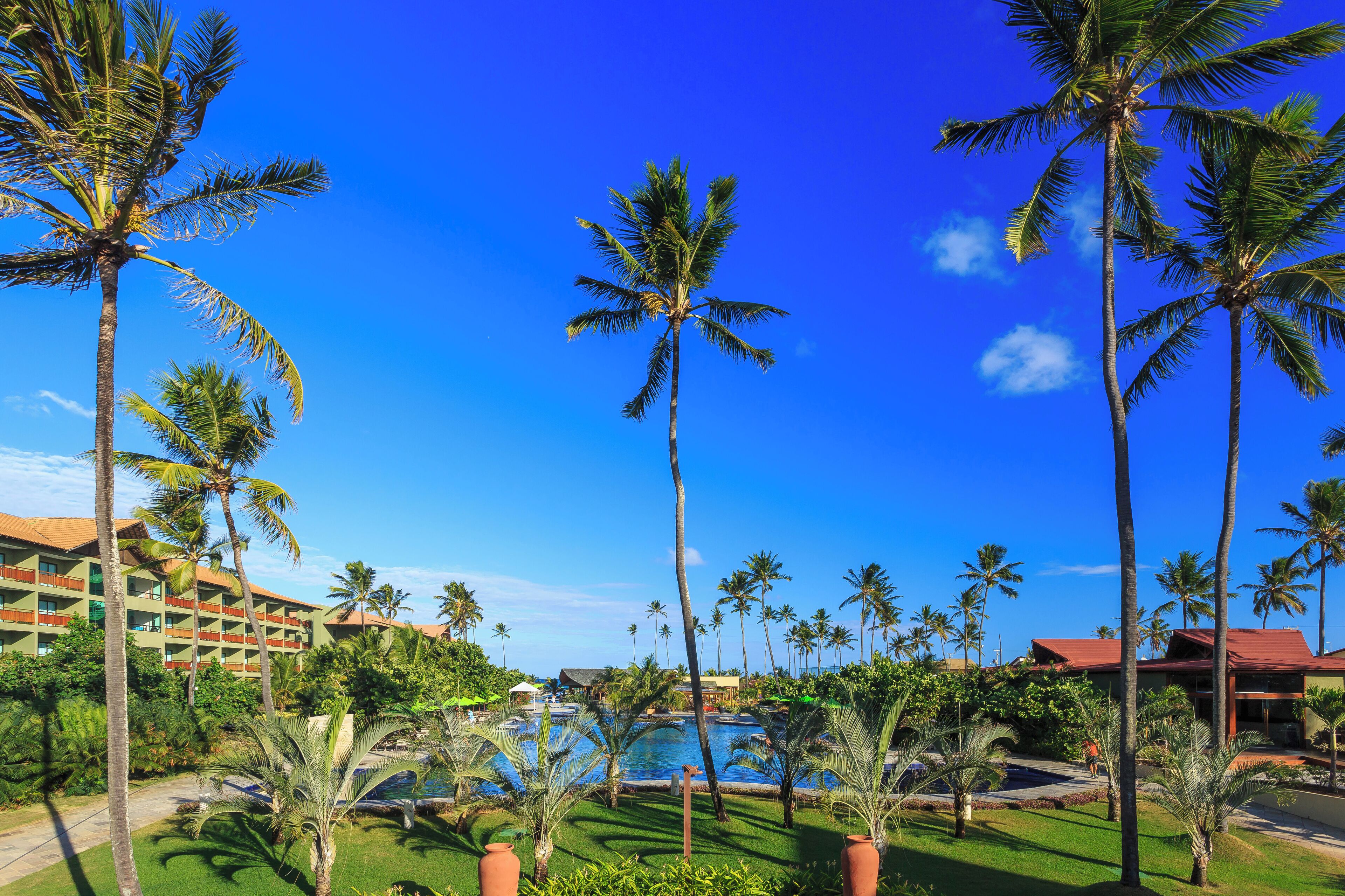 A resort with a pool area surrounded by palm trees and a building with multiple balconies.