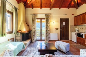 Comfort Studio Suite, Pool View | Living area | TV, fireplace