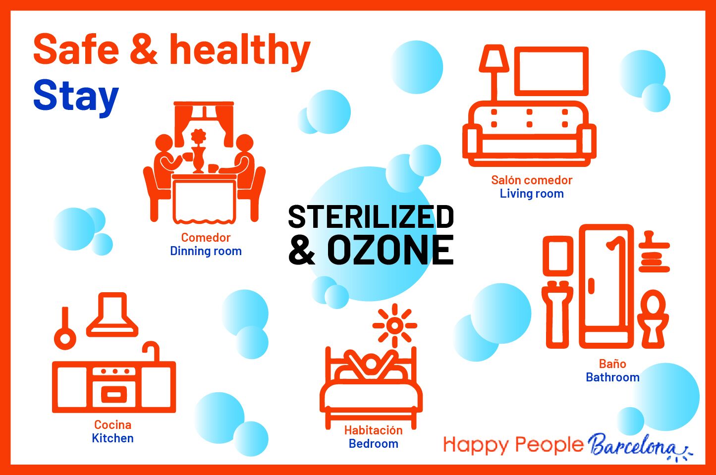 L’intérieur d’un hôtel comprenant une salle à manger, une cuisine, un salon, une chambre et une salle de bain, le tout étant indiqué comme étant stérilisé à l’ozone.
