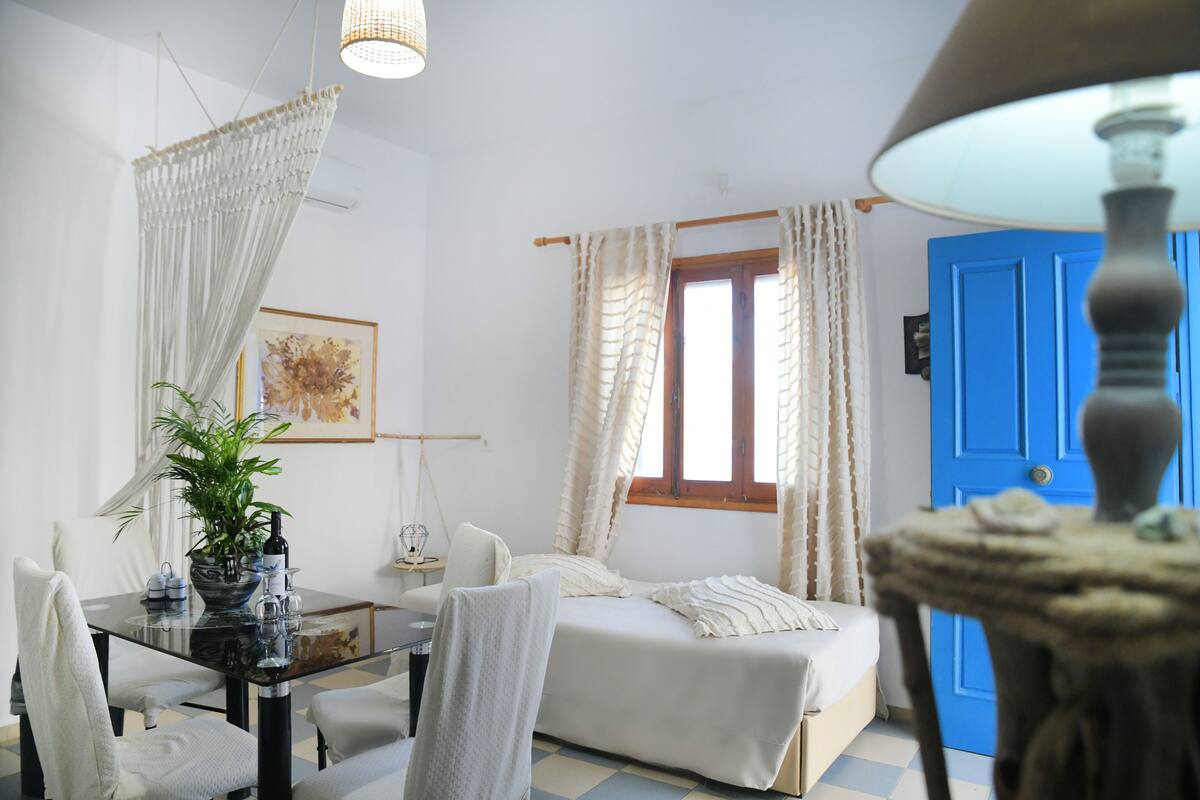 A room with a bed, a table with a plant, and a blue door.