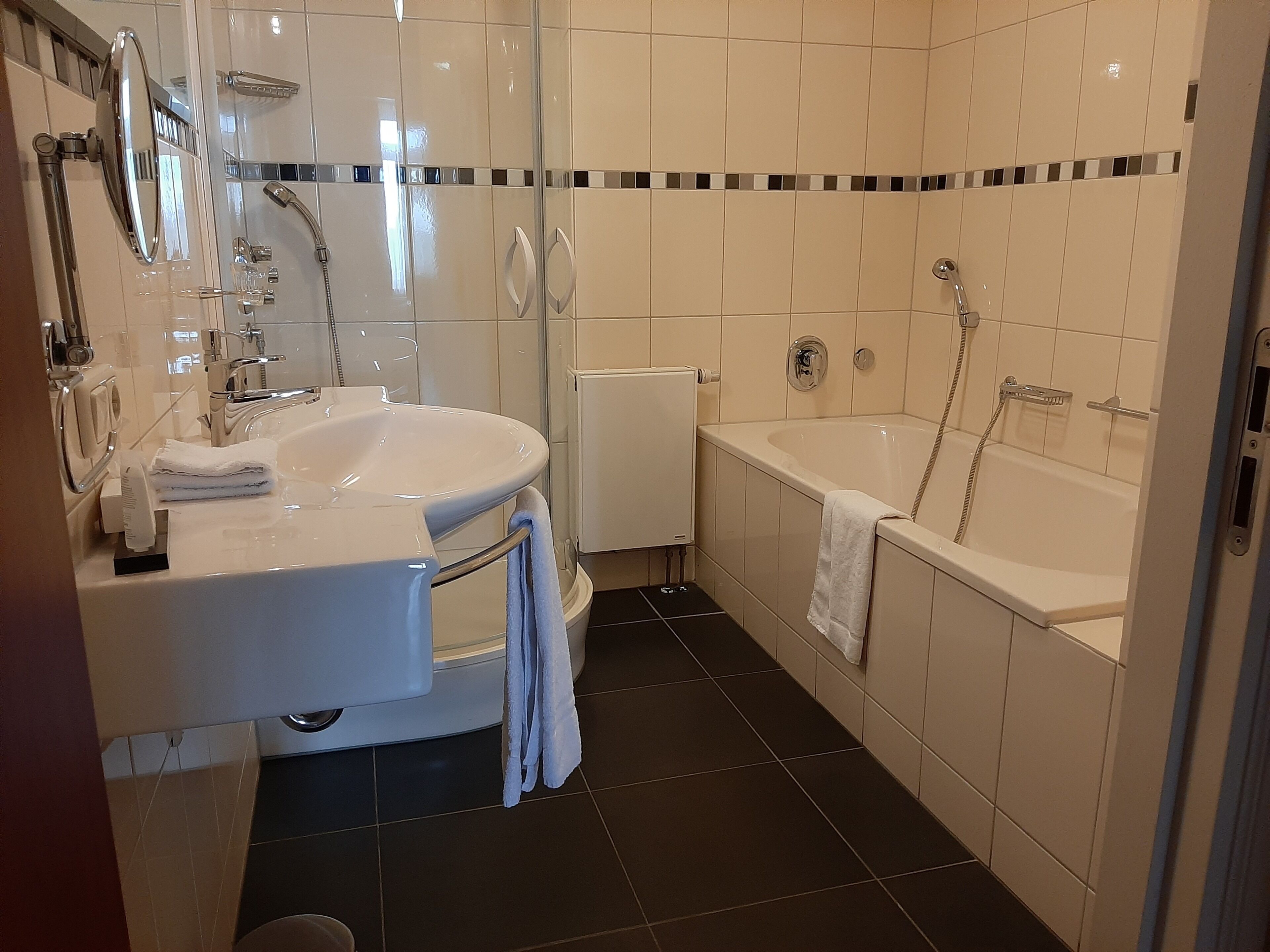 separate bathtub and shower, free toiletries, hair dryer, bathrobes