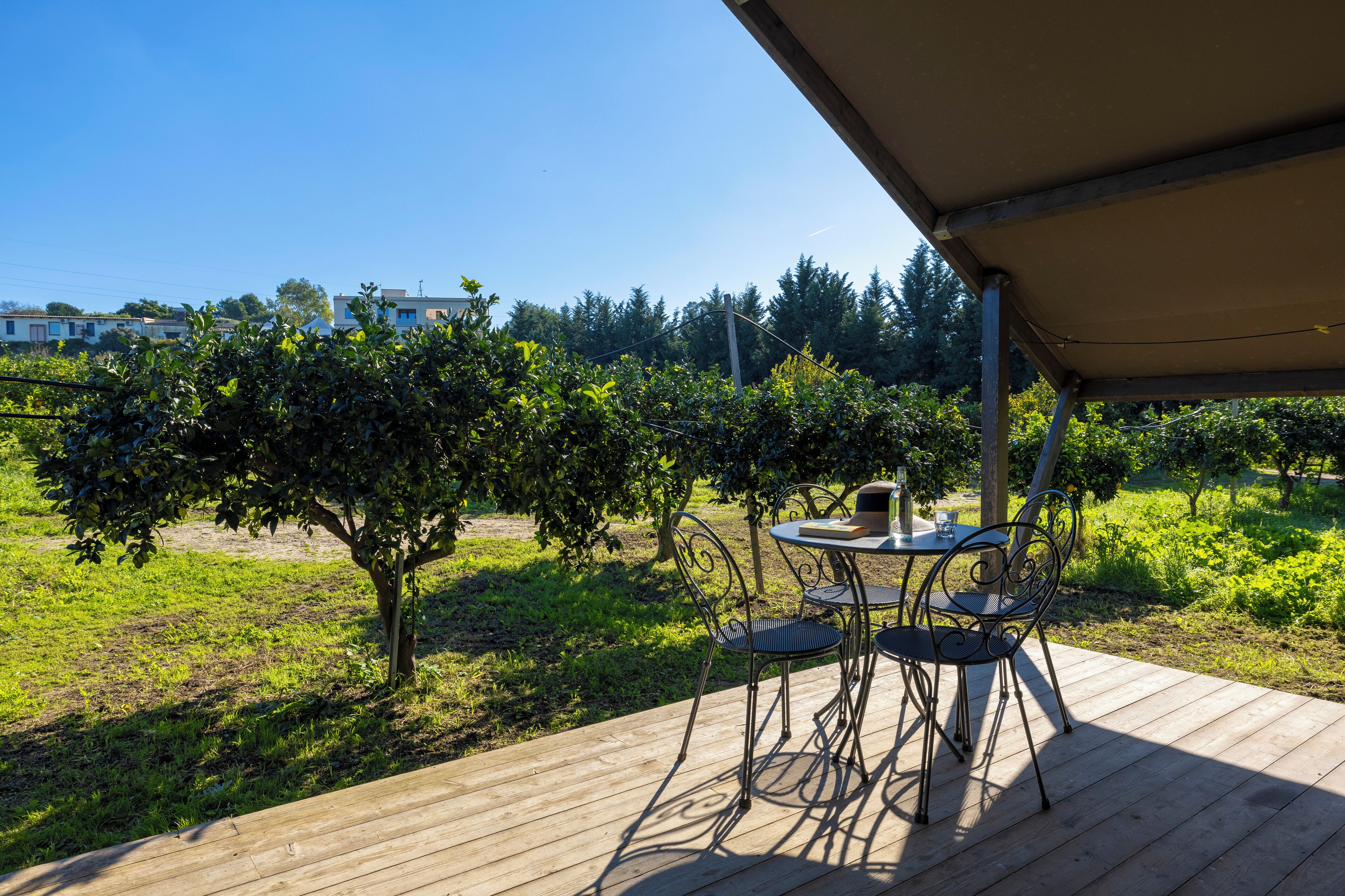 Eine Holzterrasse mit Tisch und Stühlen, umgeben von Grünpflanzen und Bäumen.