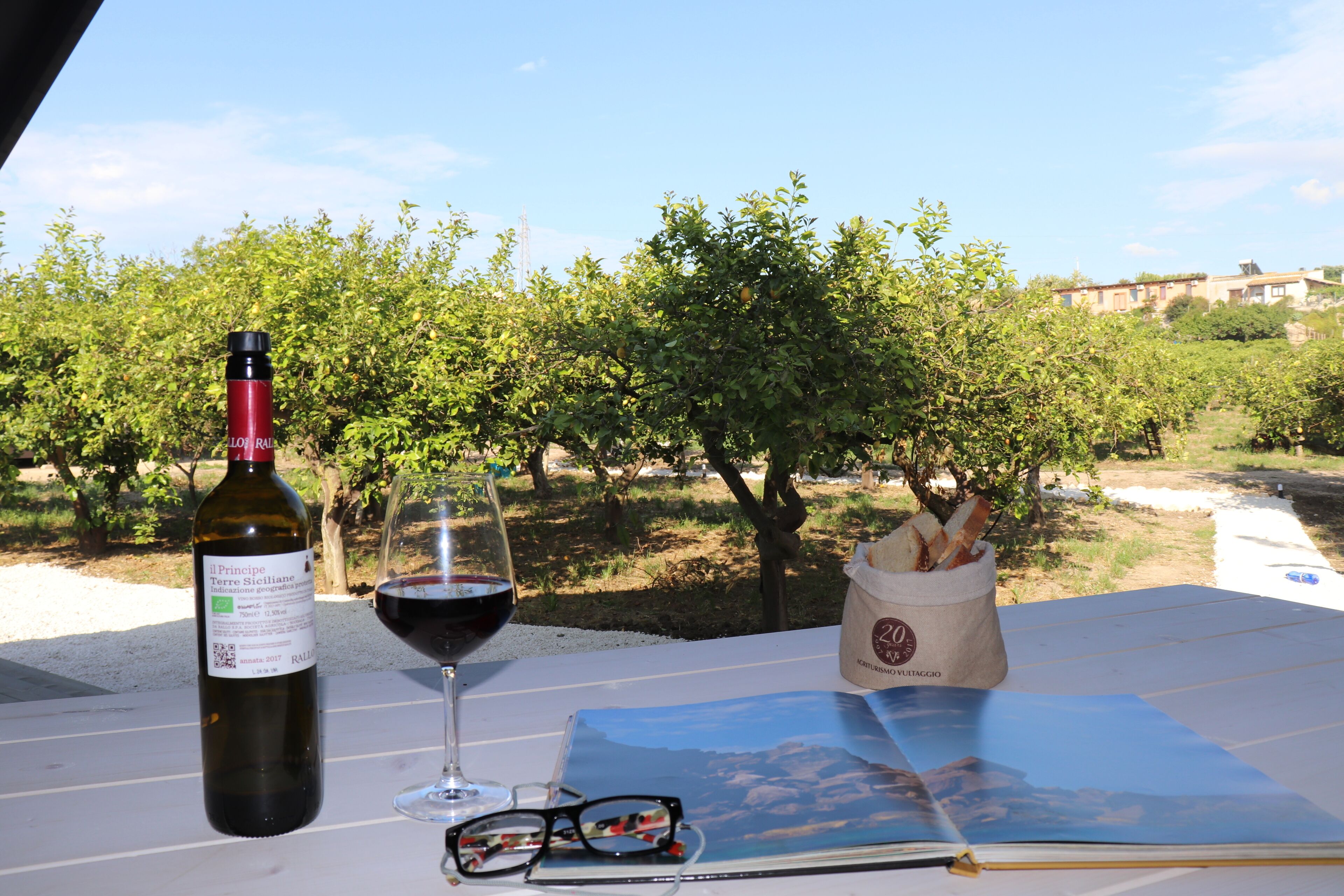 Una botella de vino, una copa de vino y un par de gafas sobre una mesa con vista a un viñedo.