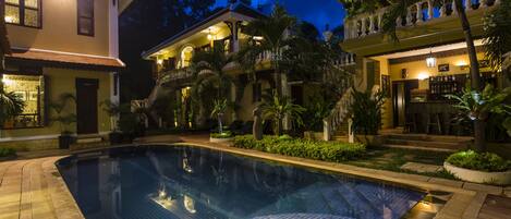 Outdoor pool, pool umbrellas, pool loungers