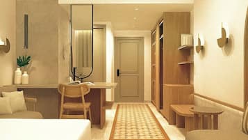 Minibar, skrivebord, mørklægningsgardiner, strygejern/strygebræt