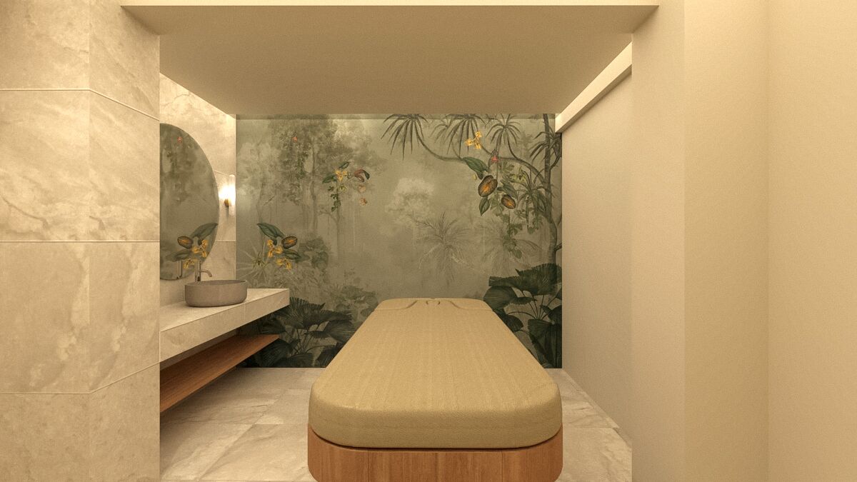 Un baño pequeño y privado con un banco, un lavamanos y un espejo grande.