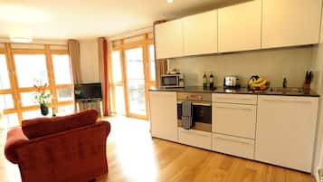 Full-sized fridge, microwave, oven, stovetop